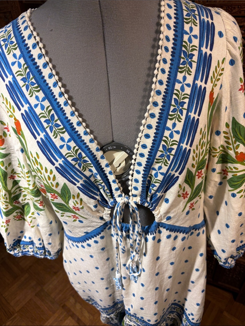 FARM Rio Maxi Dress Cream with Blue Floral and Parrot Motif - Picture 7 of 11